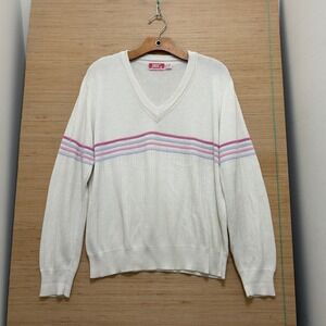 Vintage Tail Tennis Sweater Mens Large White Pink Striped V-Neck Made in USA 80s